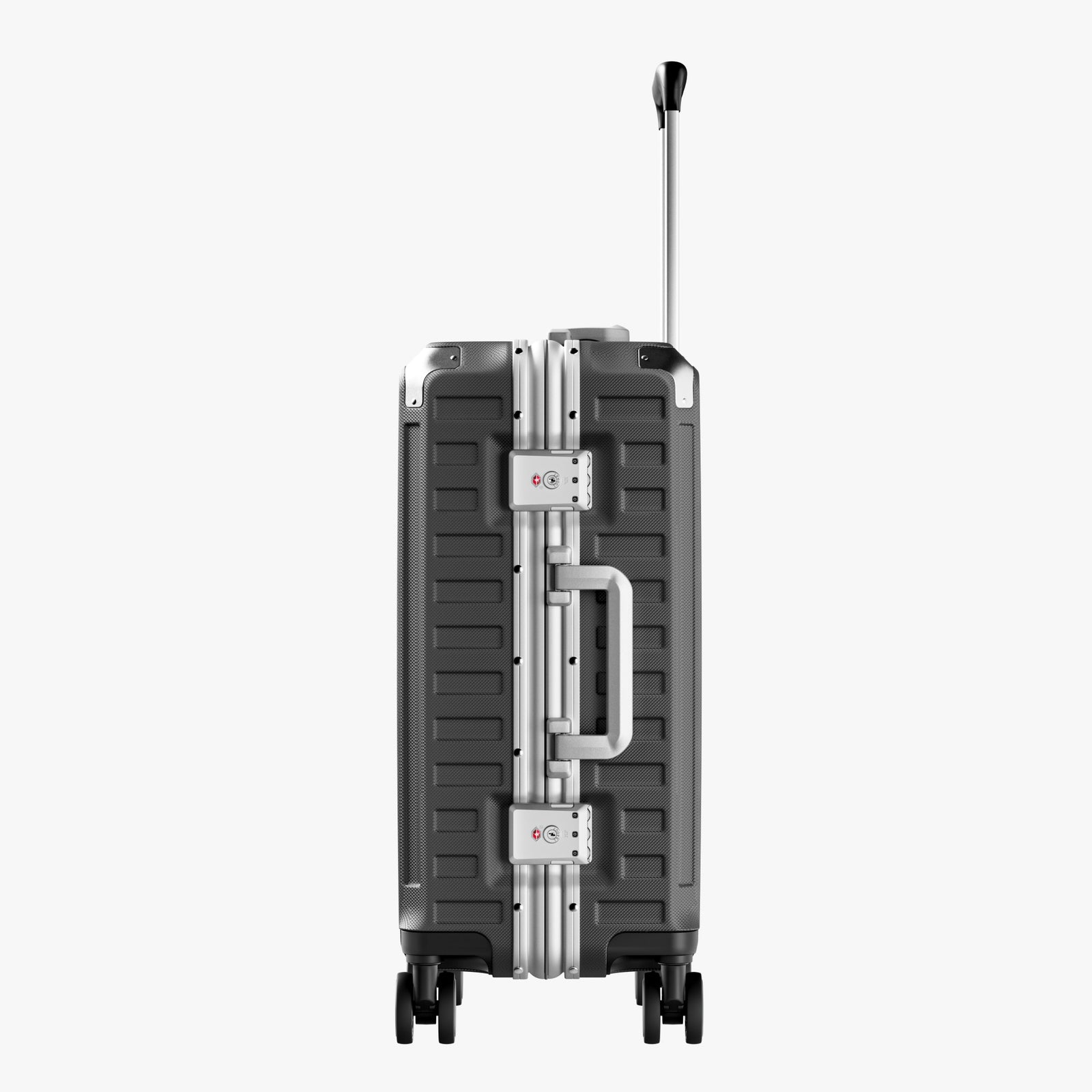 Side view of aluminum frame luggage with protective foot pads that elevate the shell and prevent scratches when the suitcase is placed on the ground. #show #color_charcoal