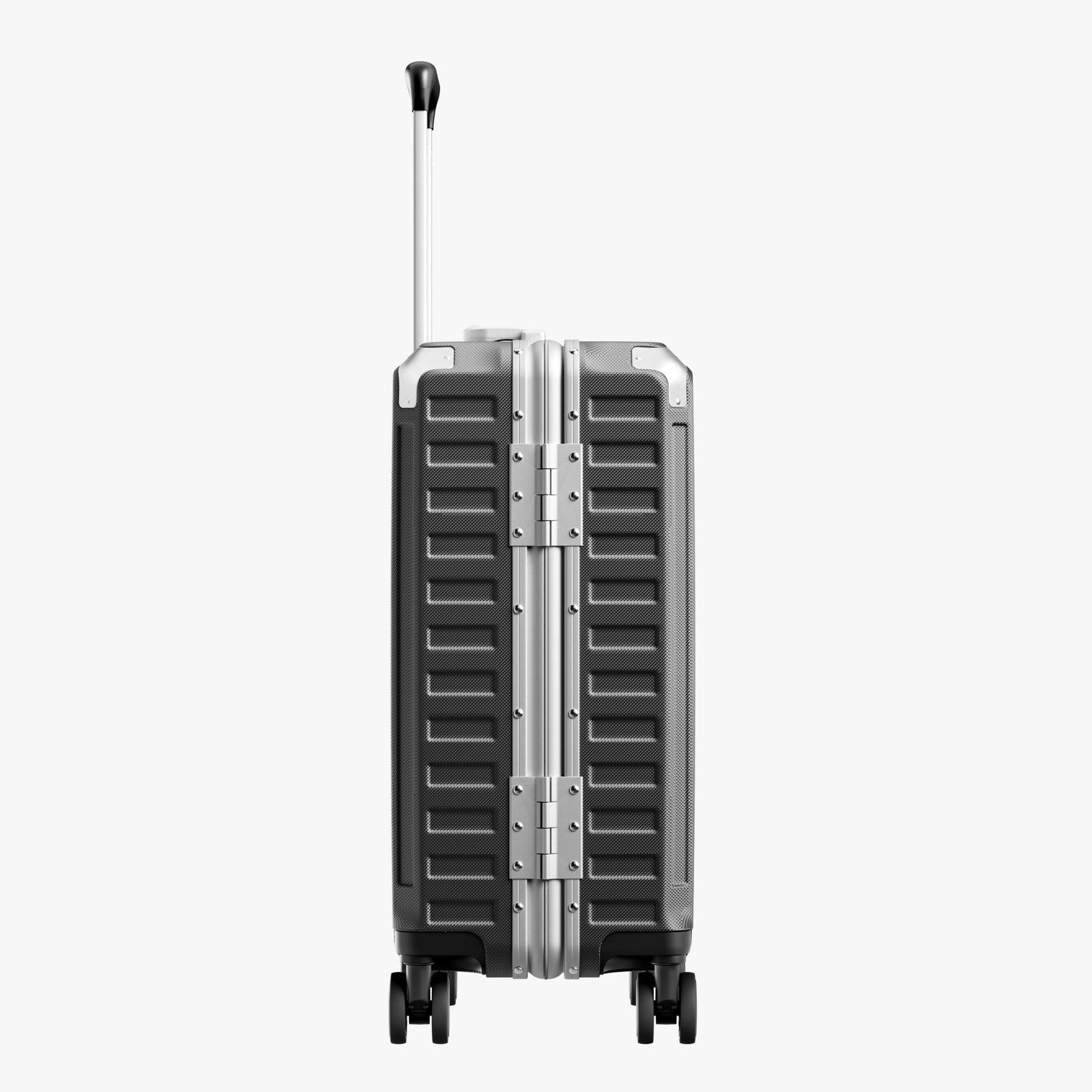 Side view of aluminum frame luggage with protective foot pads that elevate the shell and prevent scratches when the suitcase is placed on the ground. #show #color_charcoal