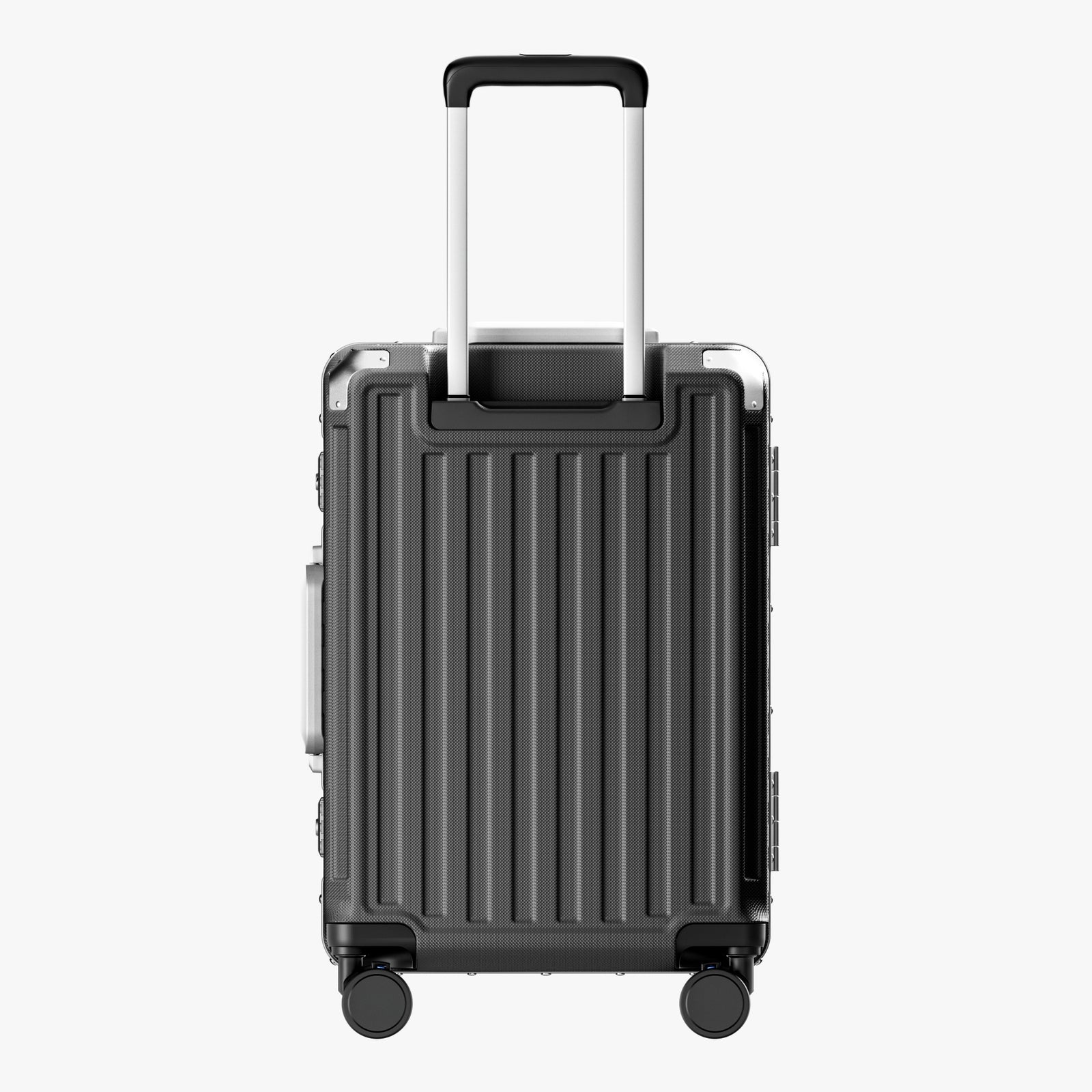 Side view of aluminum frame luggage with protective foot pads that elevate the shell and prevent scratches when the suitcase is placed on the ground. #show #color_charcoal