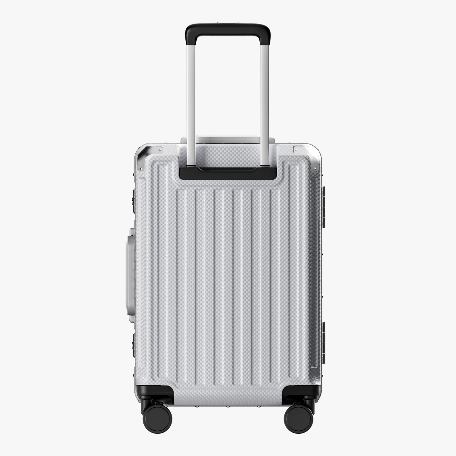 Side view of aluminum frame luggage with protective foot pads that elevate the shell and prevent scratches when the suitcase is placed on the ground. #show #color_sliver_grey