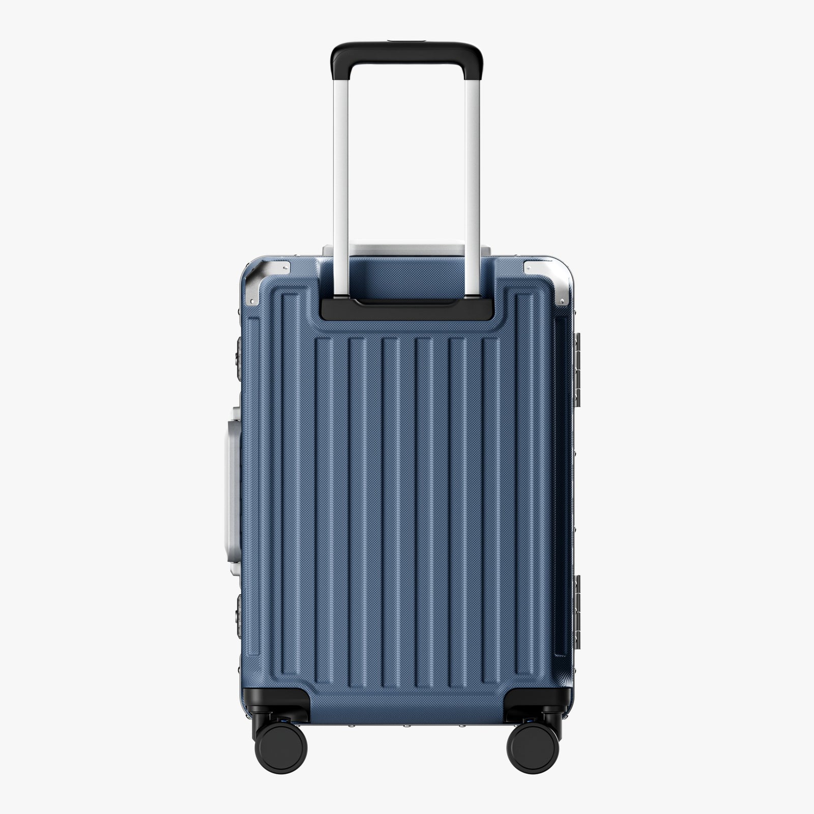 Side view of aluminum frame luggage with protective foot pads that elevate the shell and prevent scratches when the suitcase is placed on the ground. #show #color_blue