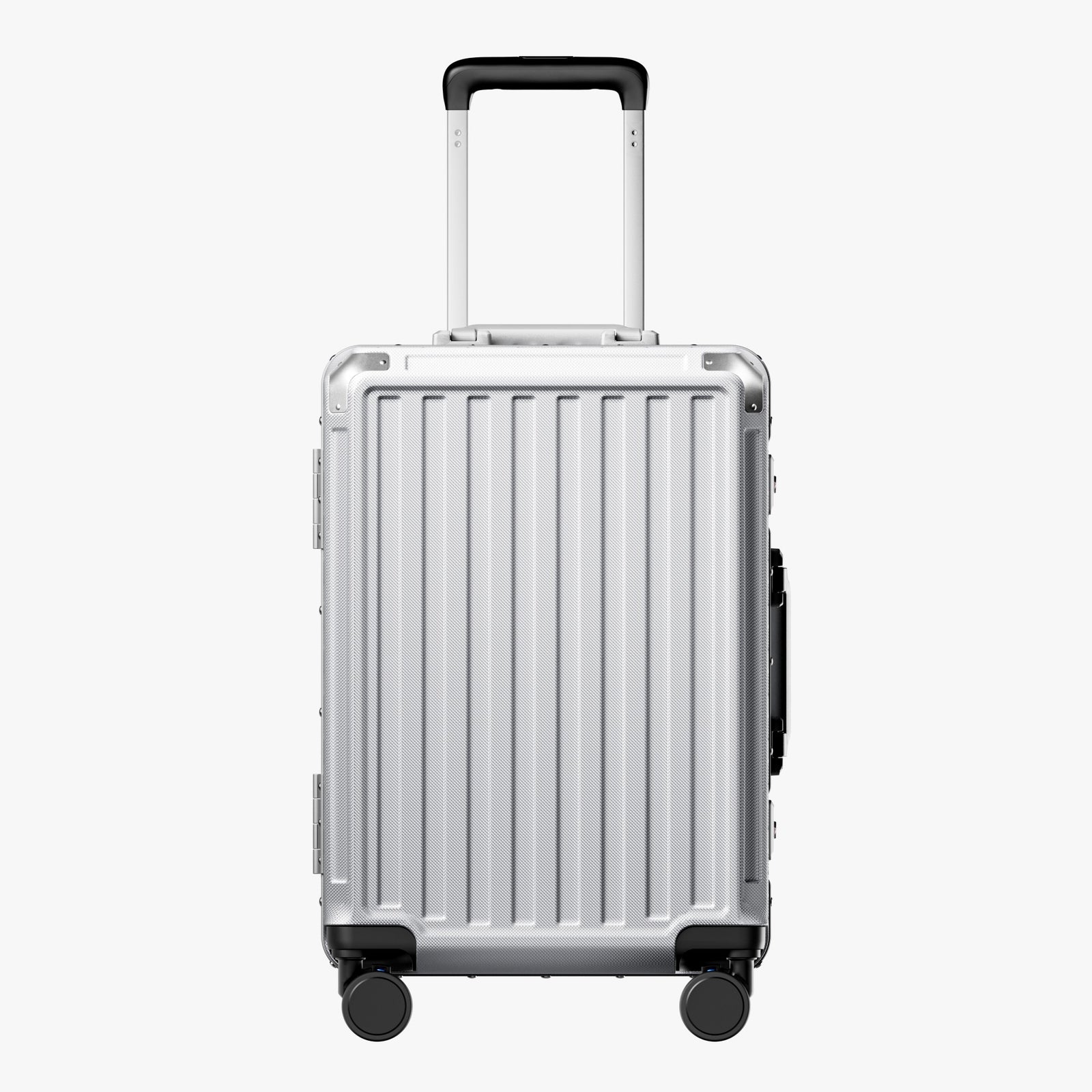 Side view of aluminum frame luggage with protective foot pads that elevate the shell and prevent scratches when the suitcase is placed on the ground. #show #color_sliver_grey