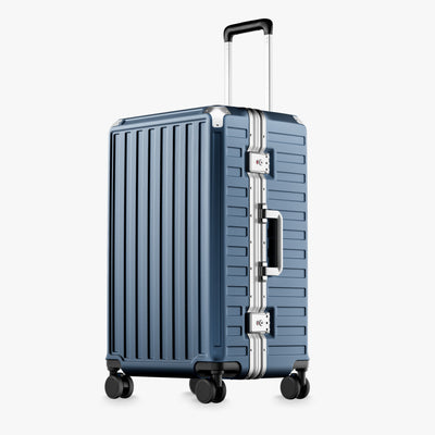 100% polycarbonate hard shell, and reinforced aluminum frame for durable protection and long-term travel use. #LUGGEX 24-inch aluminum-frame zipperless check-in suitcase with 100% polycarbonate hard shell, TSA-approved locks, and smooth spinner wheels for durable, secure travel. #color_blue #show