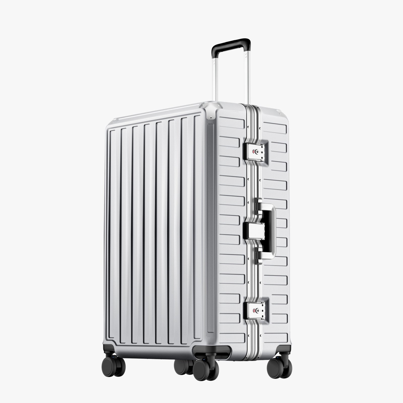 Exploded view of aluminum frame luggage showing 100% polycarbonate shell, reinforced corner protectors, TSA-approved locks, aluminum frame structure, and 360-degree shock-absorbing spinner wheels. 