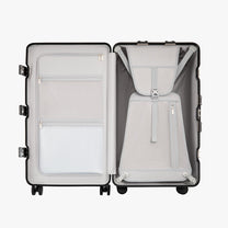 Interior of LUGGEX 30-inch trunk-style suitcase with removable divider, compression straps, mesh organizer pockets, and a dry-wet pocket 