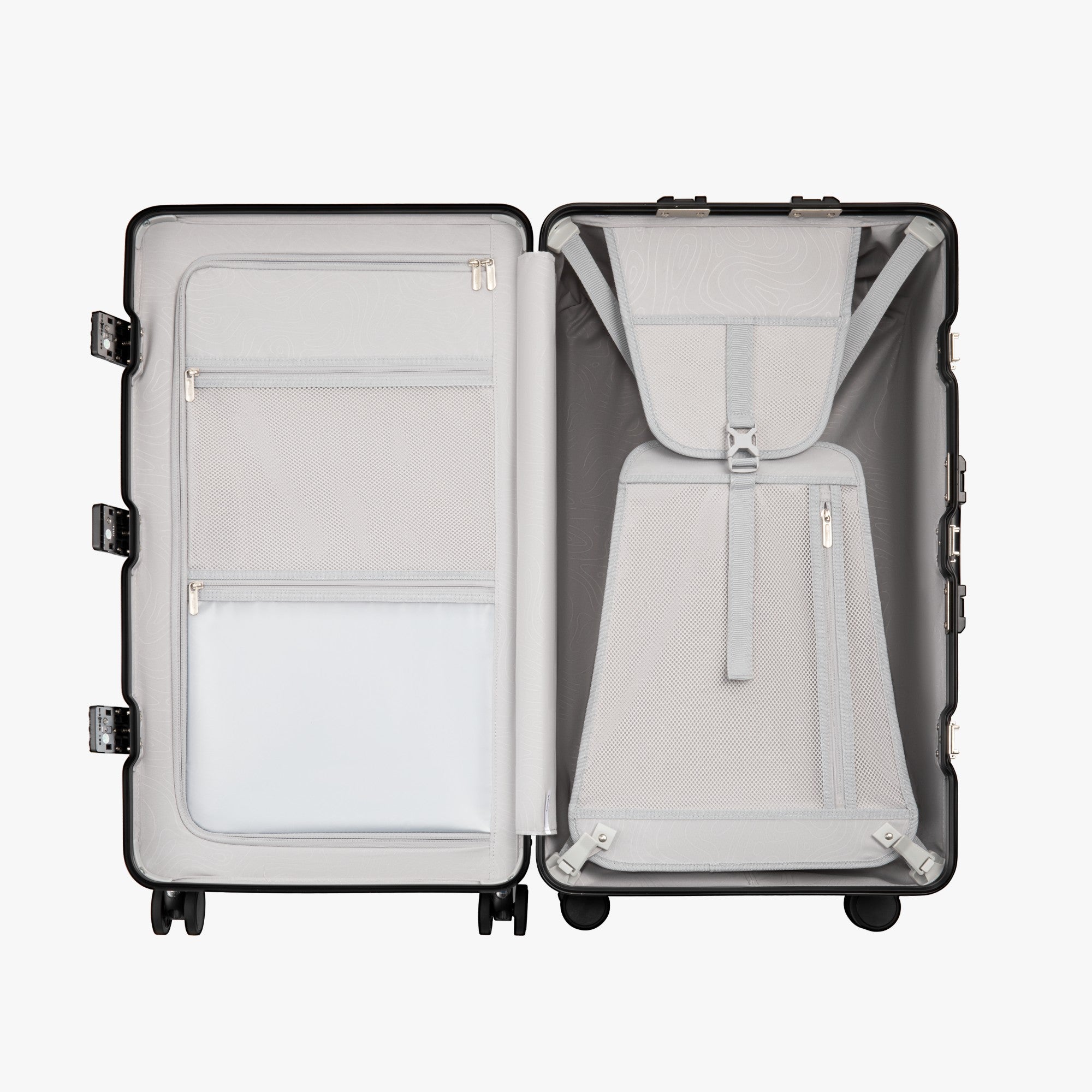 Interior of suitcase with removable divider, compression straps, mesh organizer pockets, and a dry-wet pocket #show