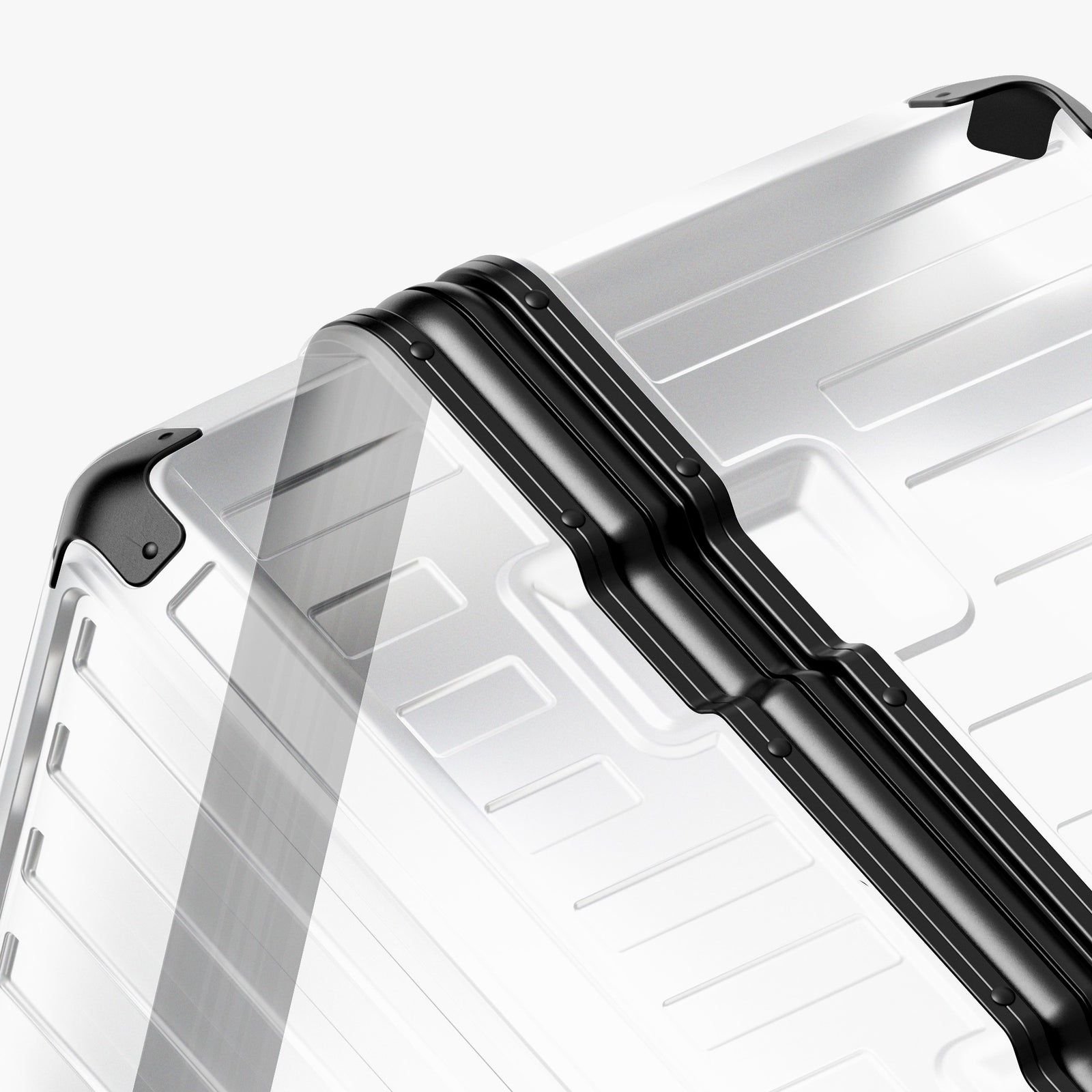 A full-perimeter aluminum frame replaces traditional zippers, creating a rigid, impact-resistant seal for checked travel. #show #Close-up of LUGGEX aluminum frame structure on a zipperless trunk-style suitcase