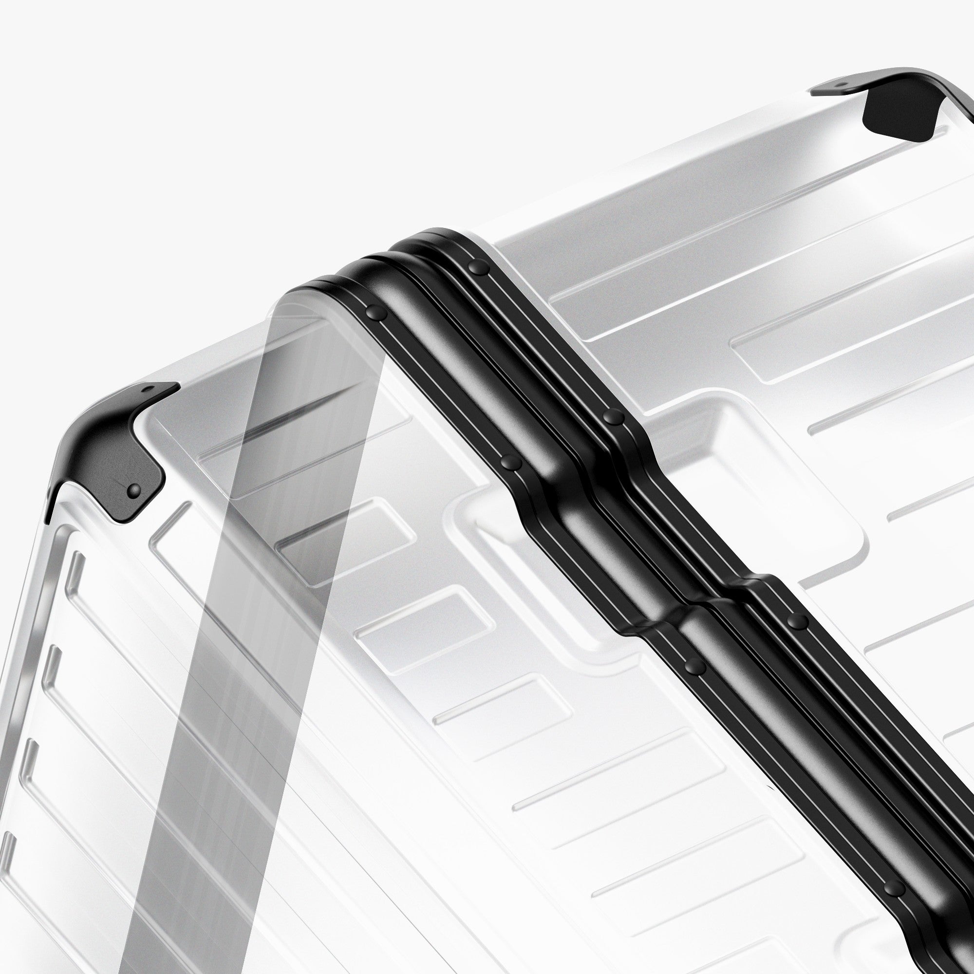 A full-perimeter aluminum frame replaces traditional zippers, creating a rigid, impact-resistant seal for checked travel. #show #Close-up of LUGGEX aluminum frame structure on a zipperless trunk-style suitcase