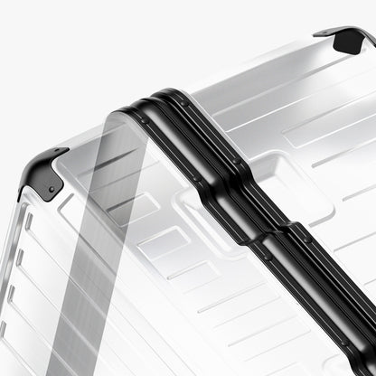 A full-perimeter aluminum frame replaces traditional zippers, creating a rigid, impact-resistant seal for checked travel. #show #Close-up of LUGGEX aluminum frame structure on a zipperless trunk-style suitcase