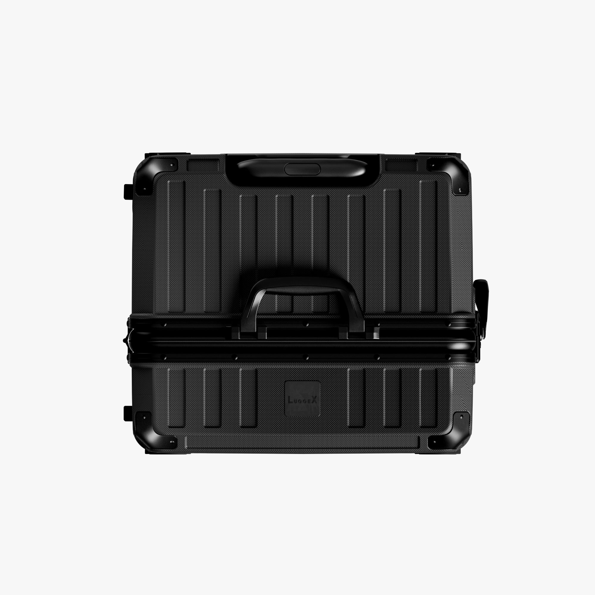 Top view of LUGGEX 30-inch zipperless trunk-style suitcase with  a reinforced aluminum frame, integrated top handle, and aluminum corner protectors make lifting and handling easier at check-in and baggage claim. #show
