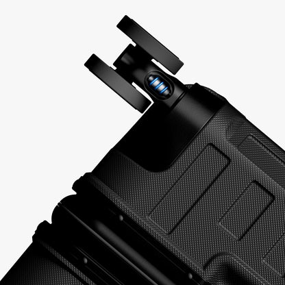 Engineered to absorb impact and roll smoothly under heavy loads across airports, sidewalks, and uneven surfaces. # Close-up of LUGGEX shock-absorbing 360-degree spinner wheels on a 30-inch trunk-style suitca #show