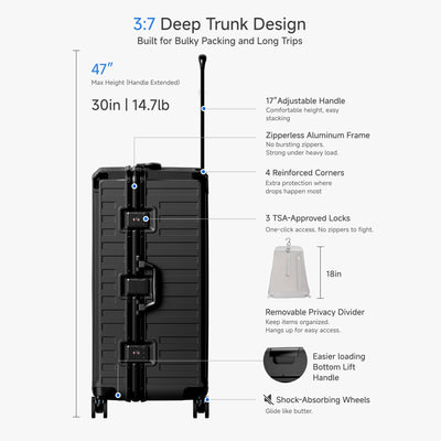Zipperless 30″ trunk suitcase with an aluminum frame that resists bending. Deep 3:7 trunk packs bulky items flat and stays securely closed. #color_black