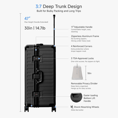 Zipperless 30″ trunk suitcase with an aluminum frame that resists bending. Deep 3:7 trunk packs bulky items flat and stays securely closed. 