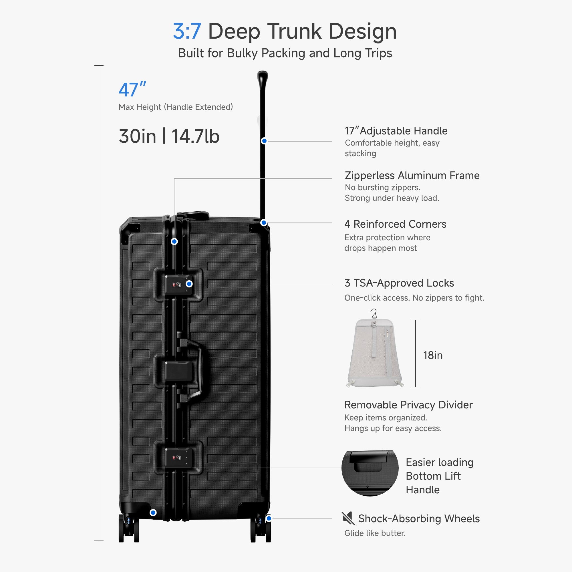 Zipperless 30″ trunk suitcase with an aluminum frame that resists bending. Deep 3:7 trunk packs bulky items flat and stays securely closed. 