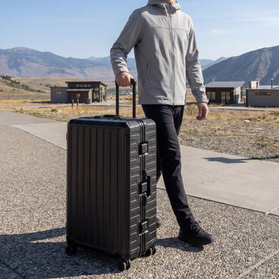 100% polycarbonate hard shell, and reinforced aluminum frame for durable protection and long-term travel use. #LUGGEX aluminum-frame zipperless luggage set with 100% polycarbonate hard shell, TSA-approved locks, and smooth spinner wheels for durable, secure travel. #show #color_black