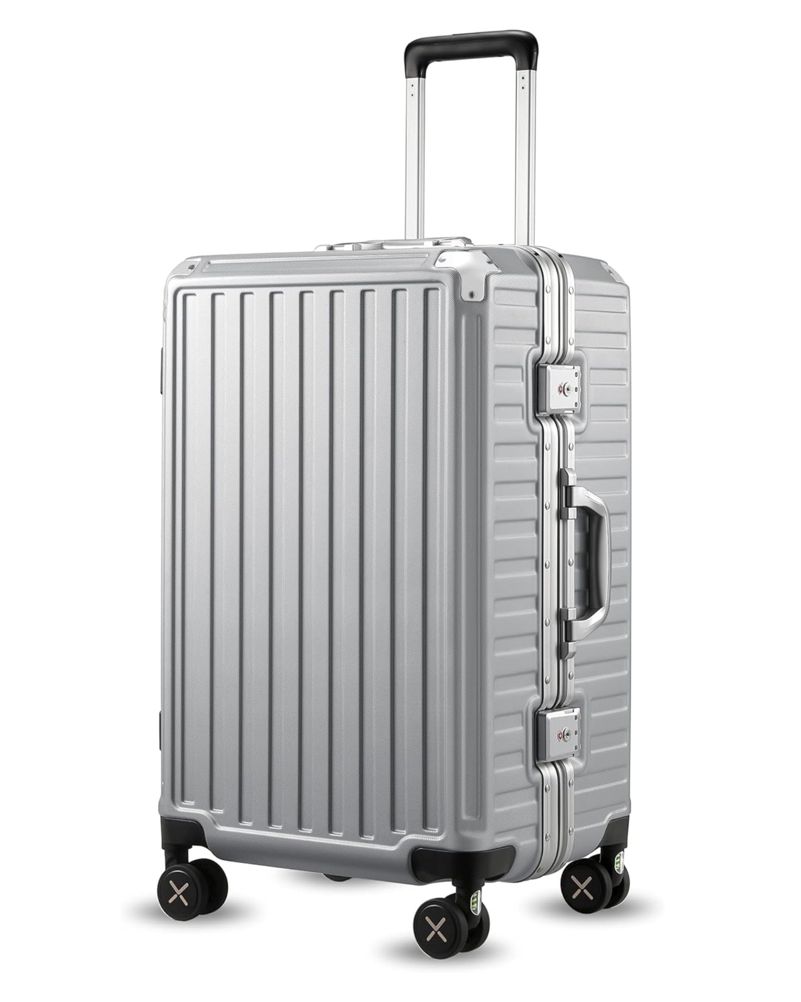 Black Aluminum Zipperless Checked Luggage with Reinforced Corner Protectors, Stylish Front-View Design for Modern Travel Essentials
#color_silver-gray