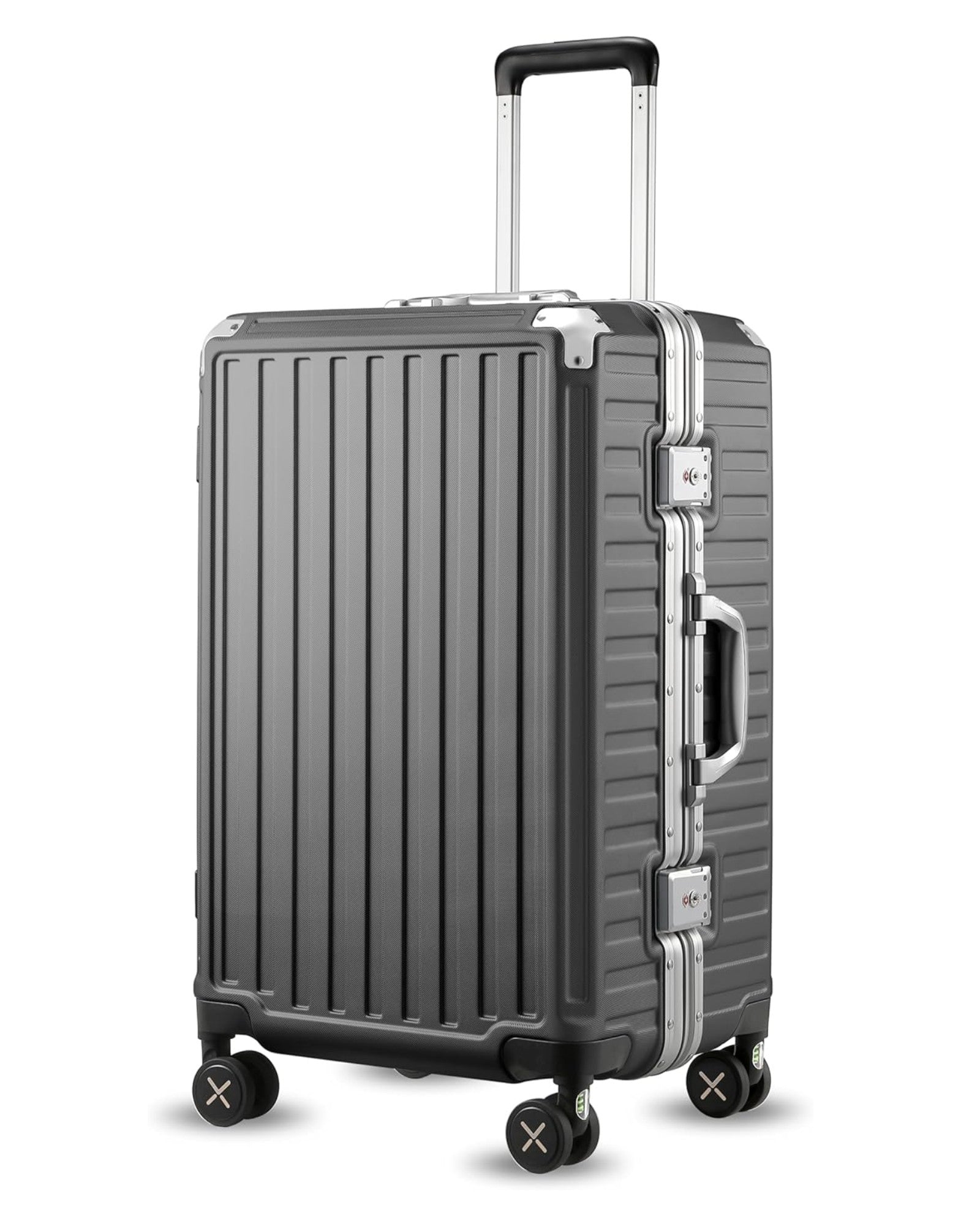 Black Aluminum Zipperless Checked Luggage with Reinforced Corner Protectors, Stylish Front-View Design for Modern Travel Essentials
#color_charcoal