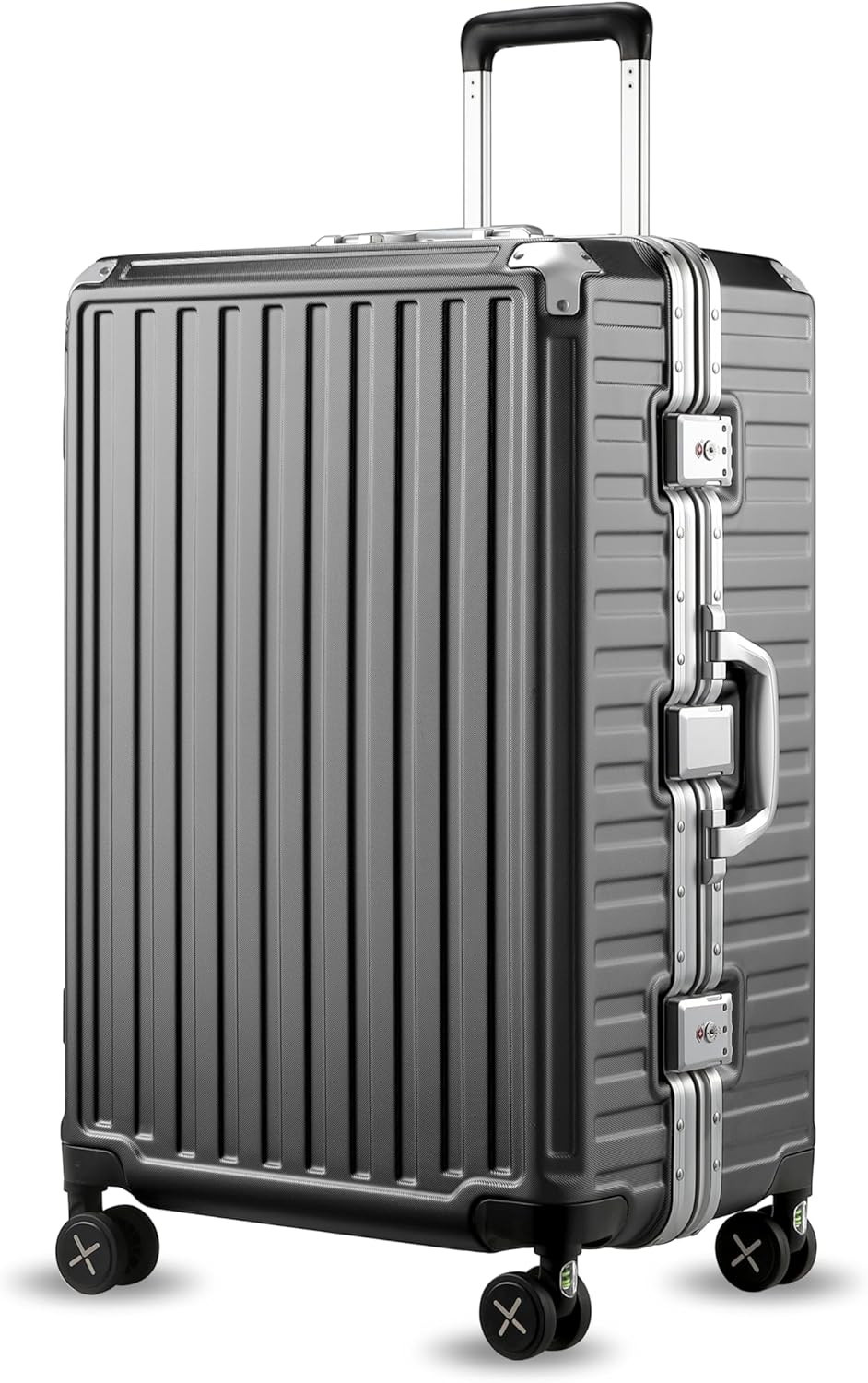 Black Aluminum Zipperless Checked Luggage with Reinforced Corner Protectors, Stylish Front-View Design for Modern Travel Essentials
#color_black