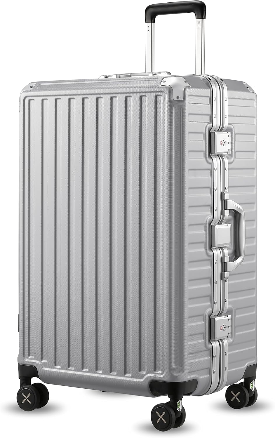 Black Aluminum Zipperless Checked Luggage with Reinforced Corner Protectors, Stylish Front-View Design for Modern Travel Essentials
