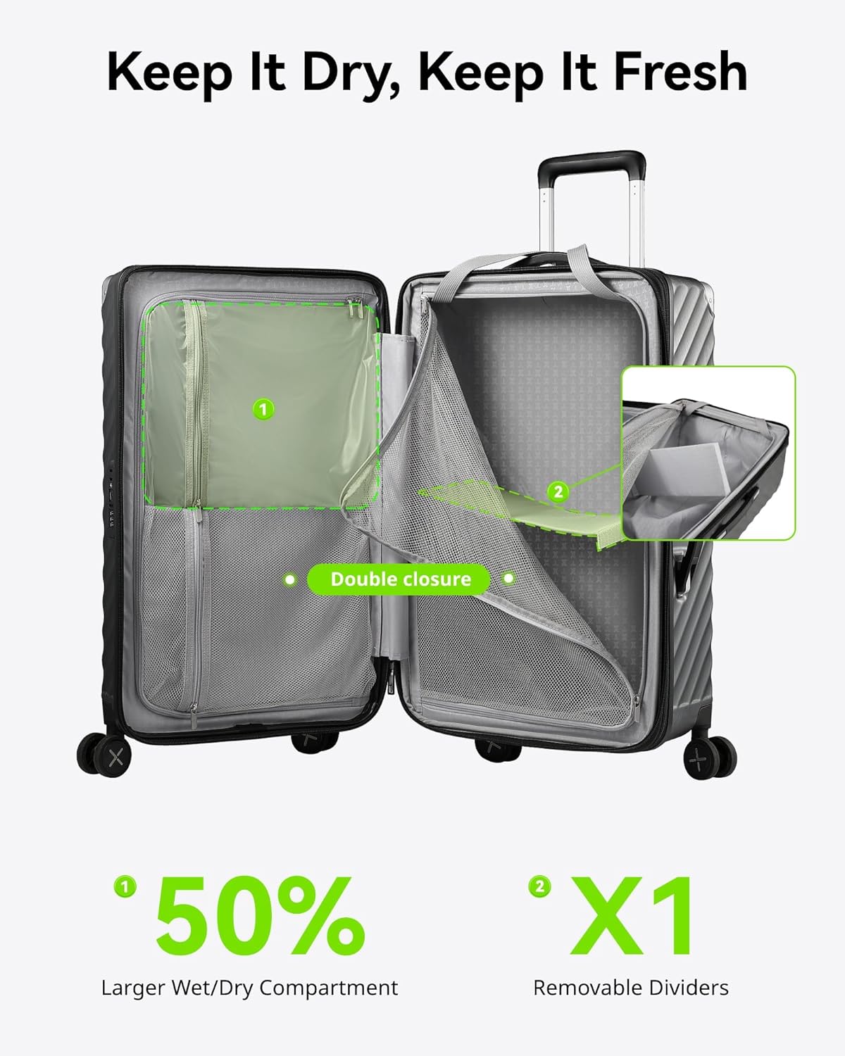 Checked luggage with adjustable shelves for dry-wet separation, customizable storage organization designed to your travel terms.
#color_black