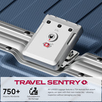 Detail view of LUGGEX ZX all-in-one aluminum carry-on featuring zipperless security lock and quick one-click opening design for fast and confident travel. 