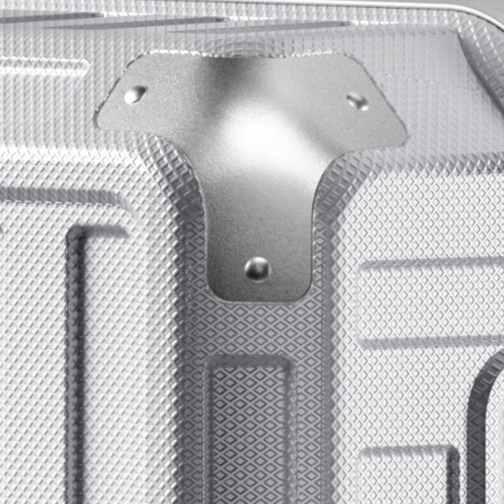 Side view of 24'' aluminum frame trunk luggage with a 4:6 trunk structure and protective foot pads that prevent scratches and wear when placed on the ground.  