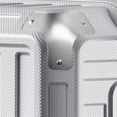 Side view of 24'' aluminum frame trunk luggage with a 4:6 trunk structure and protective foot pads that prevent scratches and wear when placed on the ground.  