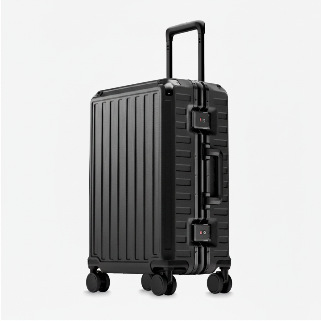 100% polycarbonate hard shell, and reinforced aluminum frame for durable protection and long-term travel use. #LUGGEX 21-inch zipperless bigger carry-on suitcase with aluminum frame and 100% polycarbonate hard shell, TSA locks, and smooth spinner wheels for durable, lightweight travel. 

#color_black #show