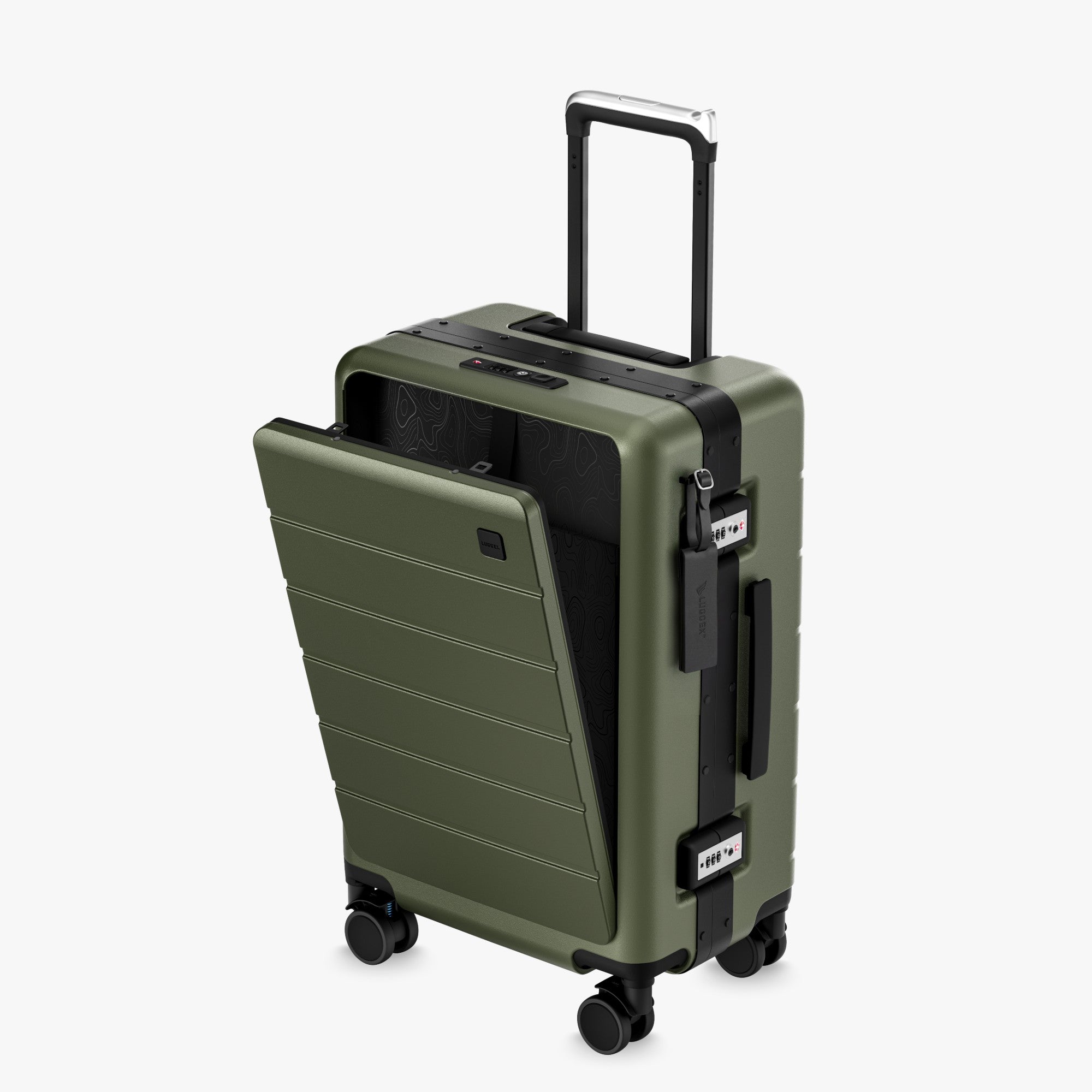 100% polycarbonate hard shell, and reinforced aluminum frame for durable protection and long-term travel use. #LUGGEX zipperless bigger carry-on suitcase with front-open design, 100% polycarbonate hard shell, and aluminum frame for durable, secure, and easy-access travel. #color_olive_green  #show