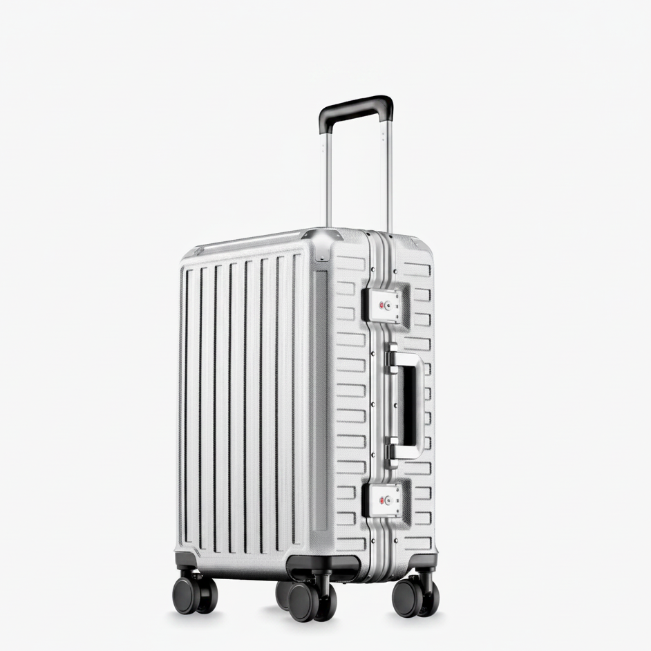 Front view of a carry-on suitcase with a 100% polycarbonate shell, designed for lightweight durability and impact resistance. "Cabin-Ready · 1–4 Days"#show #color_sliver_grey