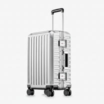 Front view of a carry-on suitcase with a 100% polycarbonate shell, designed for lightweight durability and impact resistance. "Cabin-Ready · 1–4 Days"#show #color_sliver_grey