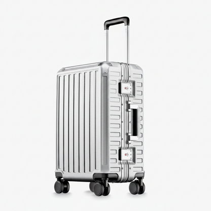Front view of a carry-on suitcase with a 100% polycarbonate shell, designed for lightweight durability and impact resistance. "Cabin-Ready · 1–4 Days"#show #color_sliver_grey