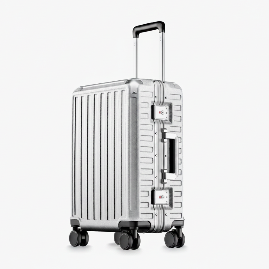 Front view of a carry-on suitcase with a 100% polycarbonate shell, designed for lightweight durability and impact resistance. "Cabin-Ready · 1–4 Days"#show #color_sliver_grey