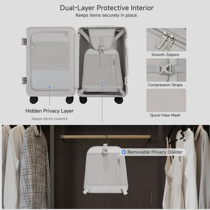 Open view of the LUGGEX  aluminum-frame zipperless suitcase showing upgraded interior with greater flexibility, smarter organization, and a waterproof pocket. 
#color_sliver_grey #show