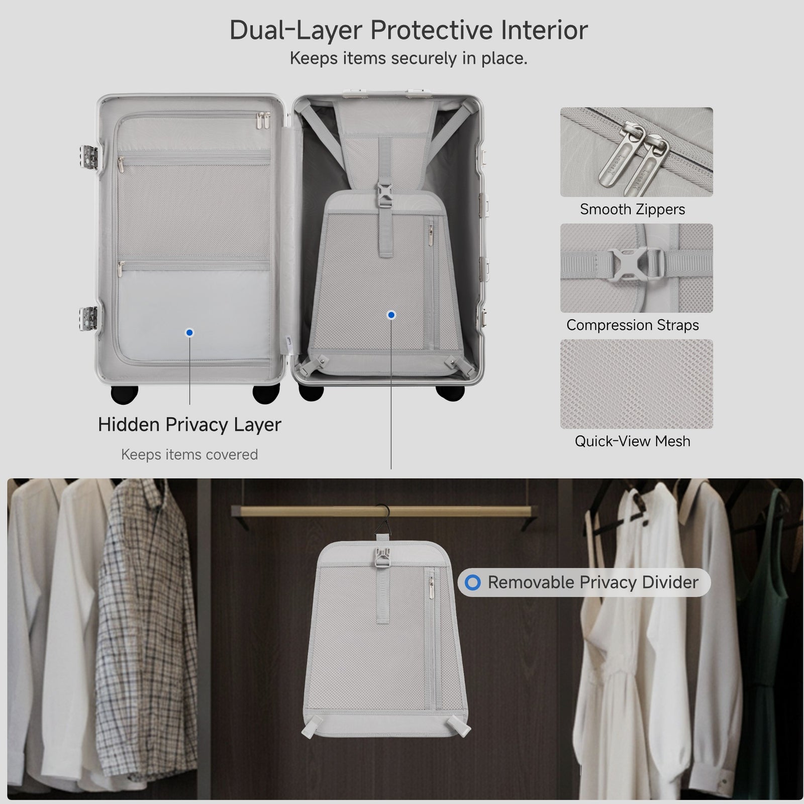 LUGGEX Zipperless aluminum 24-inch check-in luggage with a 4-stage adjustable handle, reinforced corners, dual TSA-approved locks, removable privacy divider, and shock-absorbing spinner wheels. 
