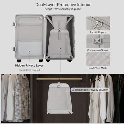 LUGGEX Zipperless aluminum 24-inch check-in luggage with a 4-stage adjustable handle, reinforced corners, dual TSA-approved locks, removable privacy divider, and shock-absorbing spinner wheels. 