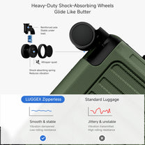 The LUGGEX suitcase is equipped with precision-engineered 360° spinner wheels designed for smooth rolling and stable maneuverability across airport floors and city streets.  #show #color_olive_green