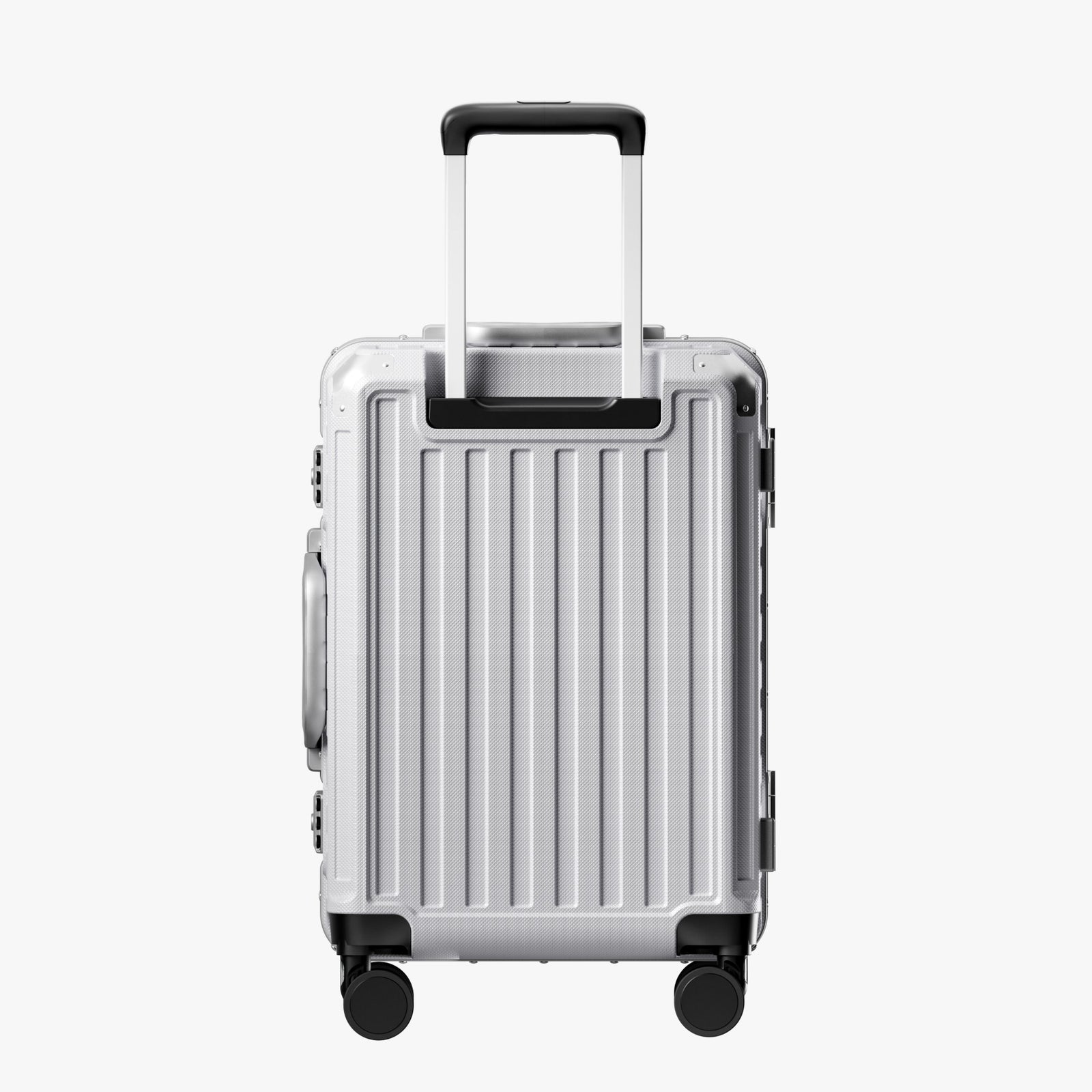 Back view of an aluminum frame carry-on suitcase with spinner wheels and a telescopic handle, designed for durable and smooth travel. 