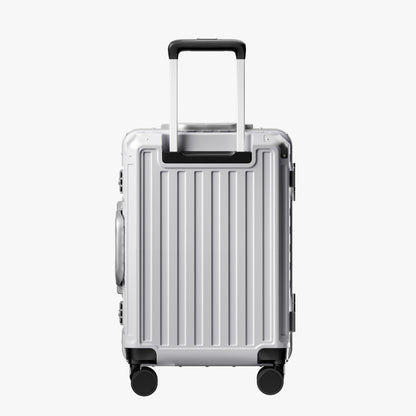 Back view of an aluminum frame carry-on suitcase with spinner wheels and a telescopic handle, designed for durable and smooth travel. #show #color_sliver_grey