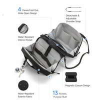 Lightweight convertible crossbody organizer bag with 13 pockets, wide-open fold-out design, water-repellent fabric, and detachable strap—built for everyday carry and travel.  