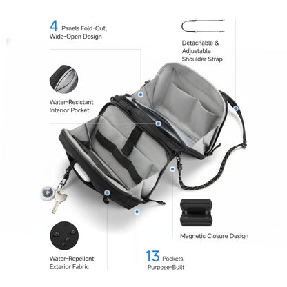Lightweight convertible crossbody organizer bag with 13 pockets, wide-open fold-out design, water-repellent fabric, and detachable strap—built for everyday carry and travel.  
