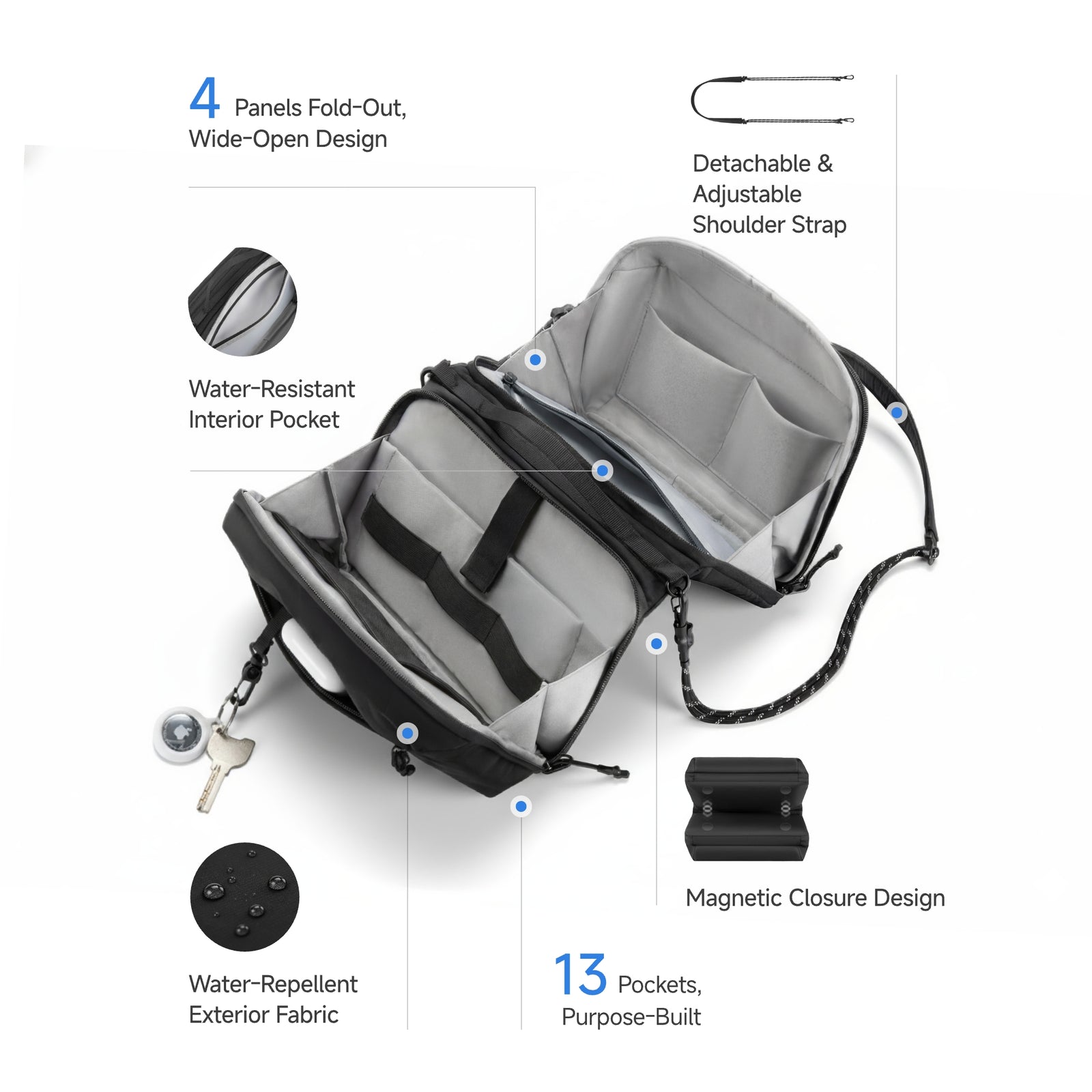 Lightweight convertible crossbody organizer bag with 13 pockets, wide-open fold-out design, water-repellent fabric, and detachable strap—built for everyday carry and travel. 