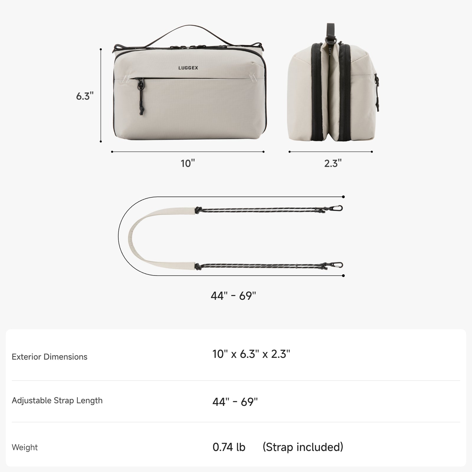 LUGGEX convertible crossbody organizer bag with exterior dimensions, side profile, and adjustable shoulder strap length 