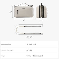 LUGGEX convertible crossbody organizer bag with exterior dimensions, side profile, and adjustable shoulder strap length 