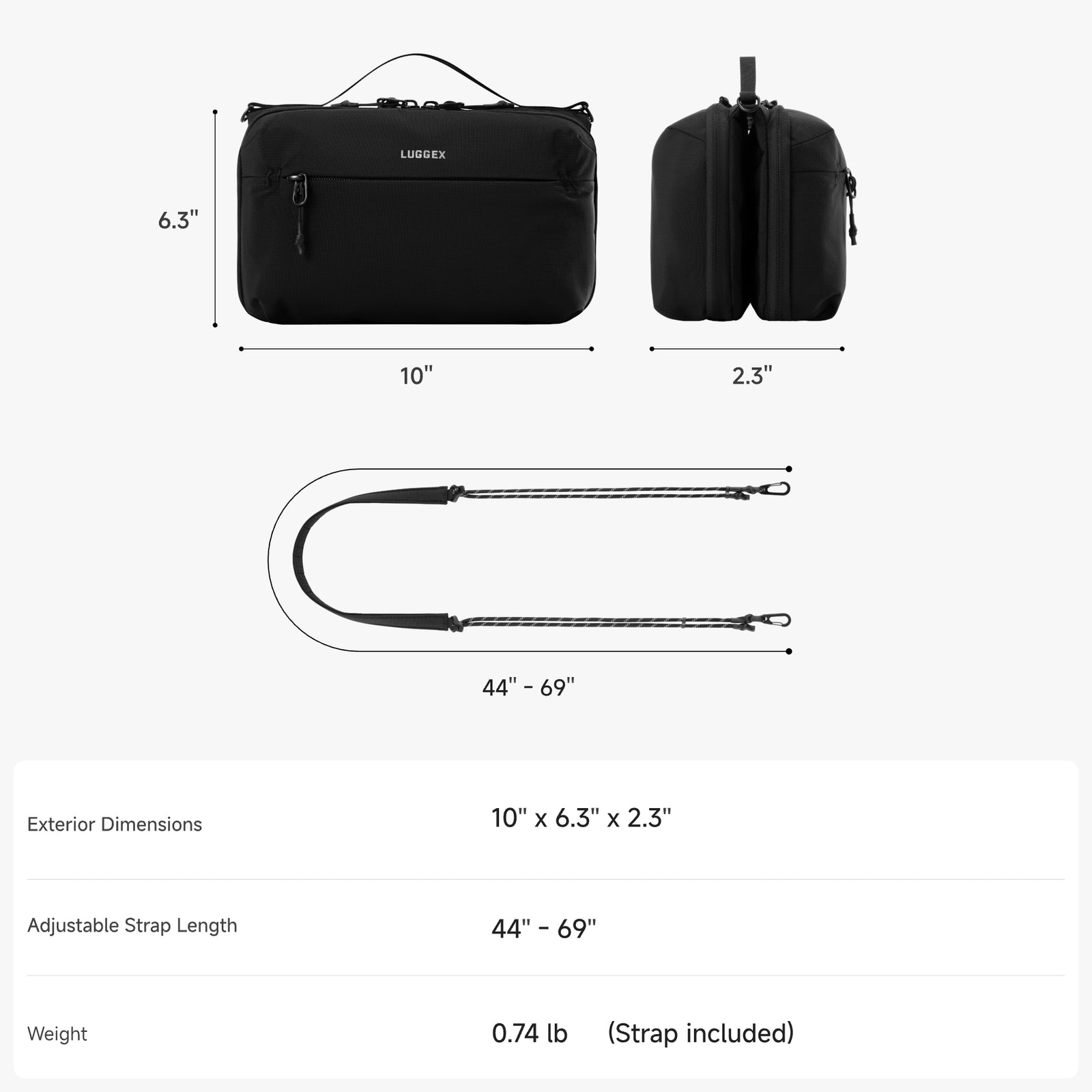 LUGGEX convertible crossbody organizer bag with exterior dimensions, side profile, and adjustable shoulder strap length 