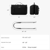 LUGGEX convertible crossbody organizer bag with exterior dimensions, side profile, and adjustable shoulder strap length 