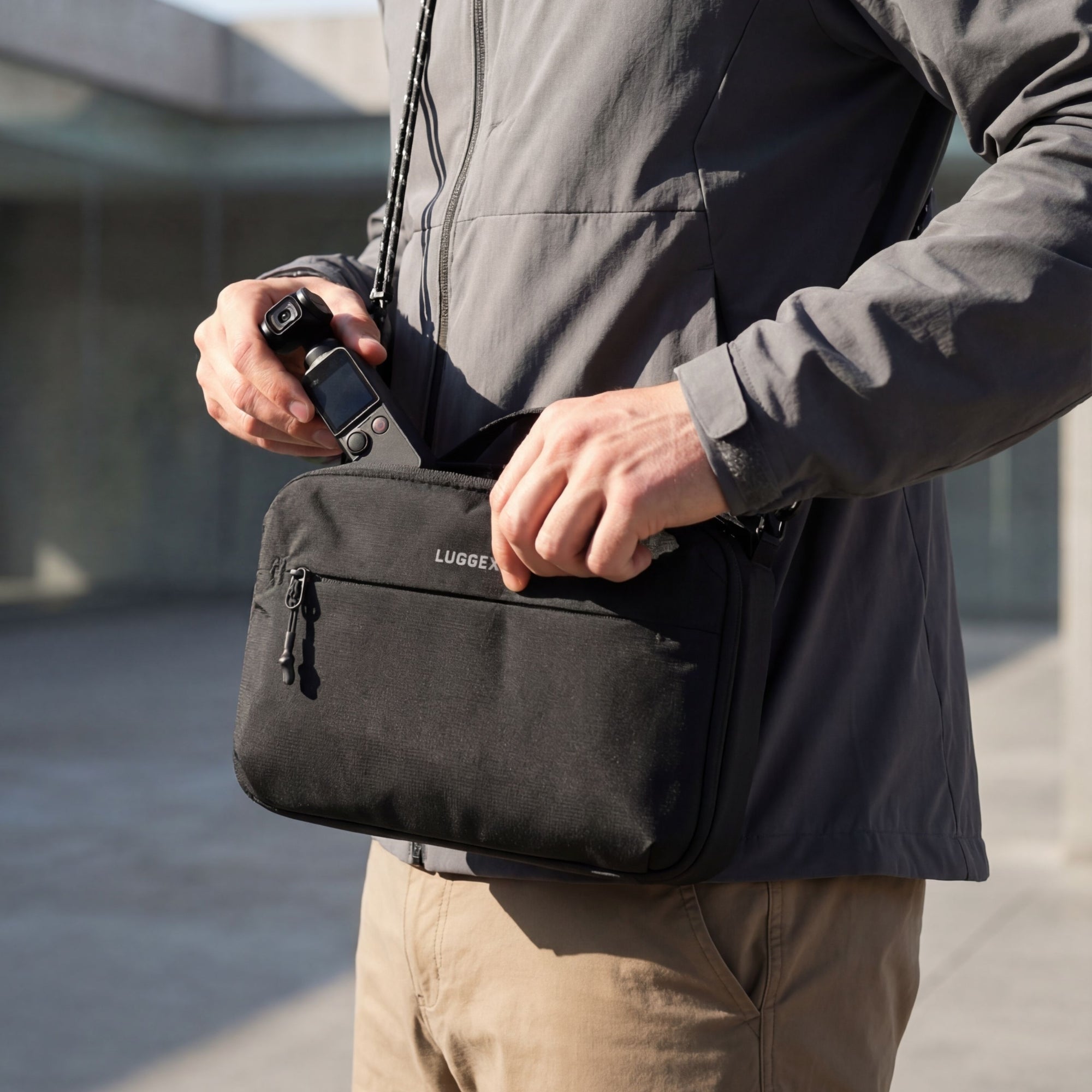 LUGGEX convertible crossbody organizer bag worn for everyday carry 