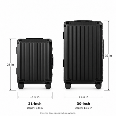 LUGGEX black 21-inch and 30-inch suitcases side by side, measuring 23 × 15.6 × 9.8 and 31 × 17.4 × 14.6 inches#color_black