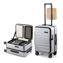 LUGGEX FLA front open carry-on suitcase with reinforced side foot pads and rivet-free aluminum frame—designed to protect the shell when placed on its side.

