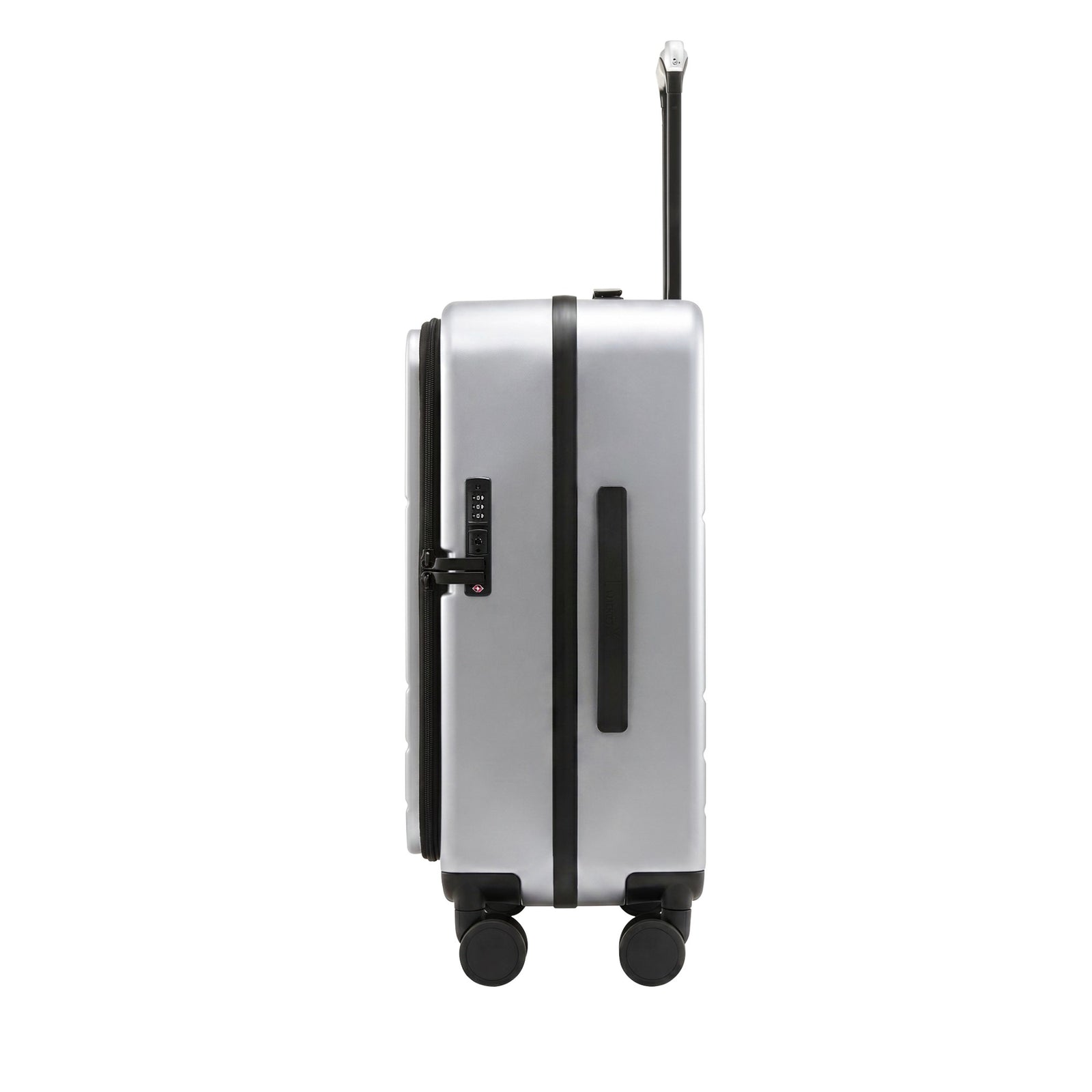 LUGGEX FLA front open carry-on suitcase with reinforced side foot pads and rivet-free aluminum frame—designed to protect the shell when placed on its side.

